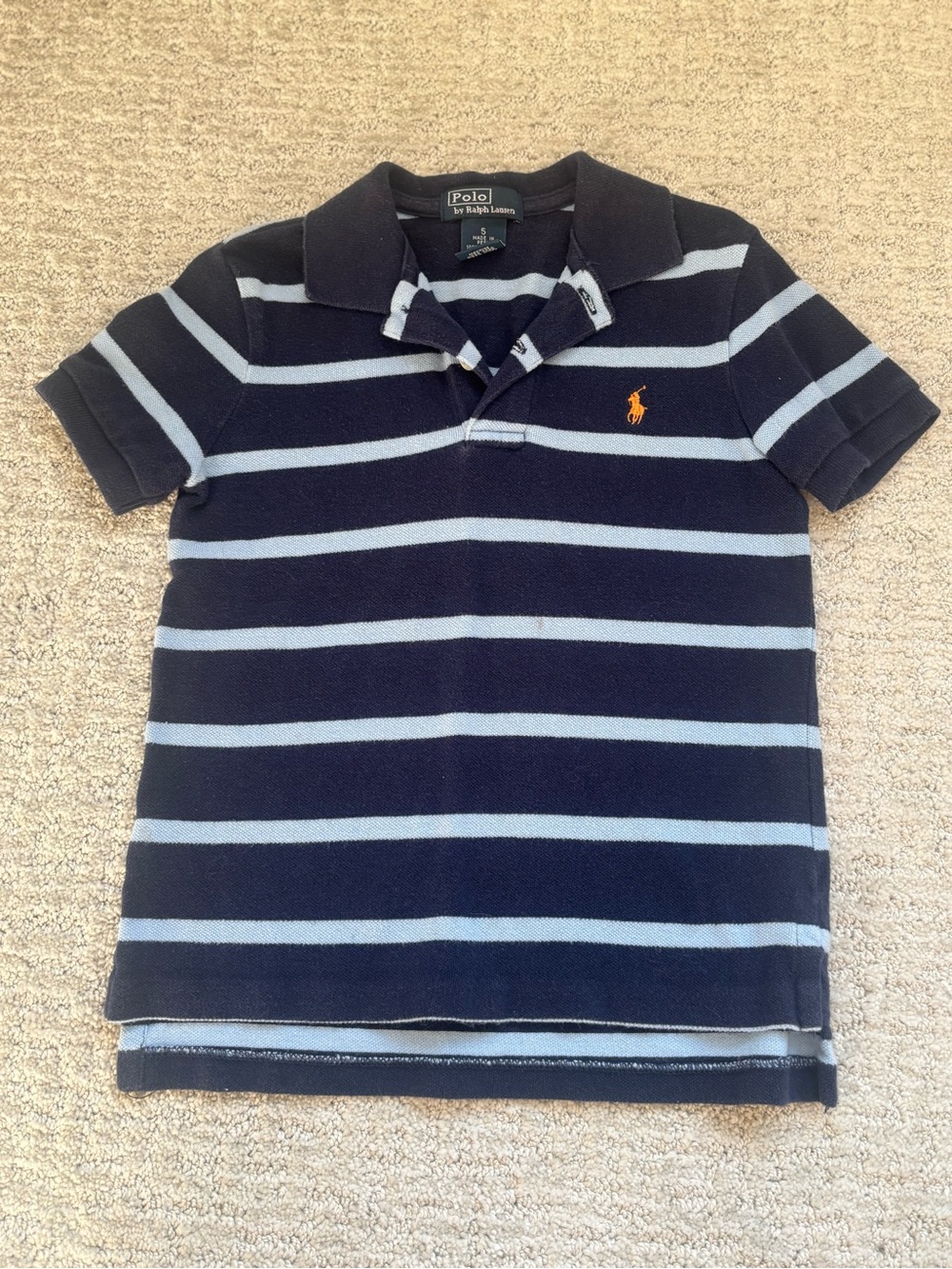 Ralph Lauren Navy & Light Blue Striped Polo with Orange Pony
